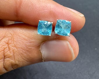 Natural Blue Apatite Stud Earrings in 925 Sterling Silver | Cushion 5mm 1.25 Cts