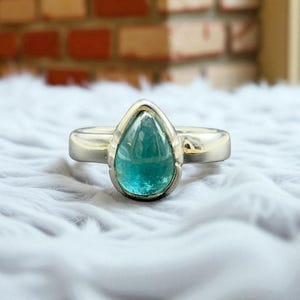 Natural Rare Grandidierite Silver Ring, Tear Cabochon Ring, Extremely Rare Grandidierite Ring, Green Blue Gemstone Ring, Ring Size US 6