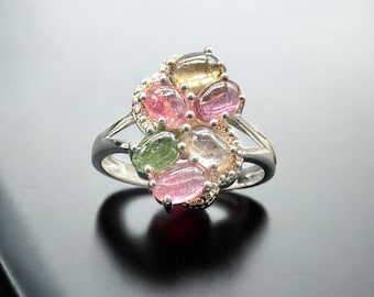 Multi-Tourmaline Cluster Ring | Sterling Silver Cocktail Ring