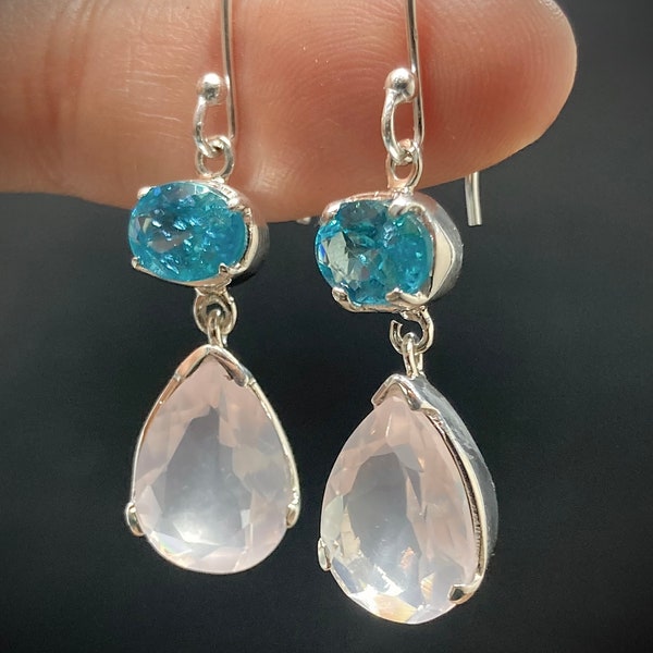 Rose Quartz with blue apatite Earrings, Natural Rose Quartz teardrop dangle earrings,925 sterling Silver Earring, Natural blue Apatite stone