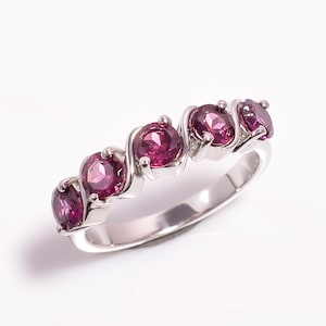 Rhodolite Garnet 5 Stone Band Ring, Raspberry Rhodolite Garnet Ring in Sterling Silver, January Birthstone Ring, Healing Gemstone