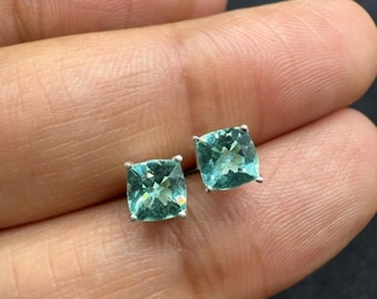 Natural Emerald Apatite Stud Earrings in Sterling Silver | Cushion Cut 5.00mm Apatite | 1.20 Ct