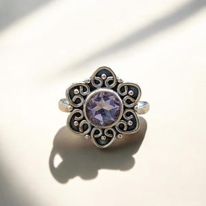 Natural Purple Amethyst Silver Ring, Purple Stone Ring, Handcrafted Ring, Solitaire Ring, Silver Ring, Gift For Her, Ring Size US 8