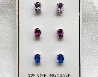 Sterling Silver Gemstone Stud Earrings, Amethyst, Garnet, Kyanite, Set of 3