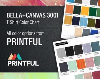 Bella Canvas 3001 Color Chart, Solid and Heather Color Chart Mock up, All Color Options from PRINTFUL U.S.
