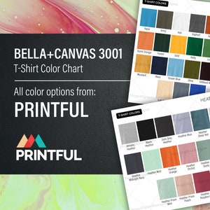 Bella Canvas 3001 Color Chart, Solid and Heather Color Chart Mock up, All Color Options from PRINTFUL U.S. imagem 1