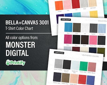 Bella Canvas 3001 Color Chart, Solid and Heather Color Chart Mock up, All Color Options from MONSTER DIGITAL under Printify