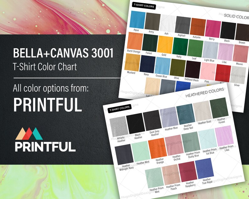 Bella Canvas 3001 Color Chart, Solid and Heather Color Chart Mock up, All Color Options from PRINTFUL U.S. imagem 1