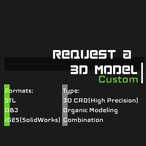 May include: A graphic showing the different file formats and types of 3D models that can be requested. The formats include STL, OBJ, and IGES (SolidWorks). The types include 3D CAD (High Precision), Organic Modeling, and Combination.