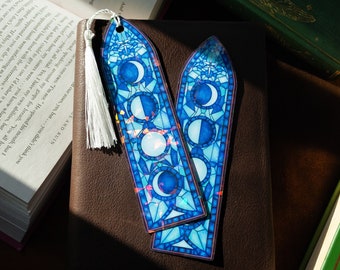 Lunar Tassel Bookmark, celestial stained glass art, unique, gift for reader, night sky laminated bookmark, magical star and moon aesthetic