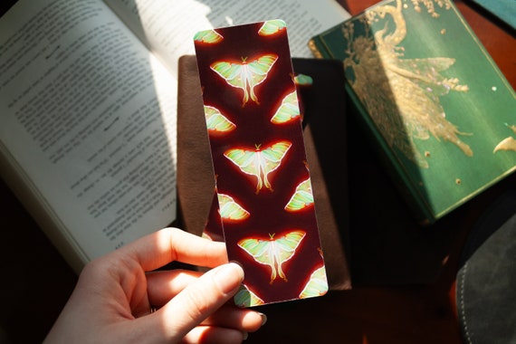 Luminous Luna Moth Laminated Bookmark | Botanical Bookish Reader Gift | Magical Butterfly Dark Academia Double Sided | Cottagecore Aesthetic