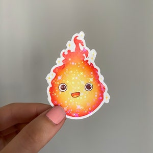 Holographic Calcifer Vinyl Sticker | Howl&#39;s Moving Castle | Cute Anime Decals for Water Bottle | Studio Ghibli | Kawaii Aesthetic