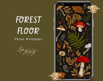 Papel de parede Cottagecore para celular, tela de bloqueio aconchegante com tema de natureza, tela inicial para iPhone e Android, fundo de floresta de cogumelos, bruxa verde fantástica