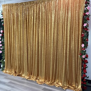 May include: Gold sequin backdrop with a garland of pink and red flowers.