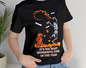 Es la época más maravillosa del año Camisa de Halloween, Camiseta amante del otoño de Halloween, Camisa de esqueleto, Camisa de hojas y calabazas de otoño