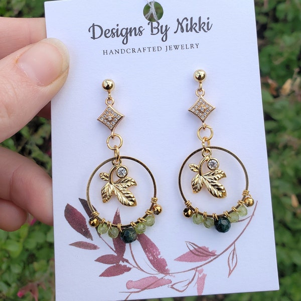 Gold Peridot Leaf Earrings, Gold Autumn Leaf Earrings, Peridot and Moss Agate Earrings, Geometrical Dangle Earrings