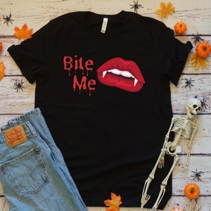 Bite Me Fang Halloween T Shirt, Womens Vampire Halloween Shirt, Bloody Vampire Lips Shirt