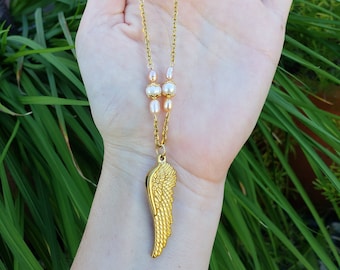 Pearl Angel Wing Necklace, Gold Freshwater Pearl Necklace, Pink And White Pearls, Gold Wing Pendant, Valentine's Day