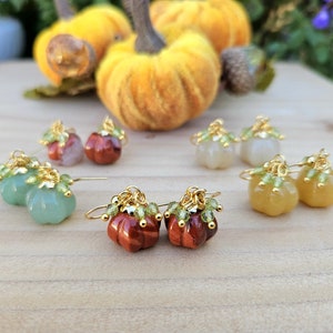Mini Pumpkin Earrings, Carved Stone Pumpkin Earrings, Gemstone Pumpkins, Fall Earrings, Autumn Earrings