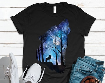 Howling At The Moon Wolf Shirt, Galaxy Wolf T Shirt, Wolf Shirt For Men, Wolf Shirt For Women, Animal Lover Shirt