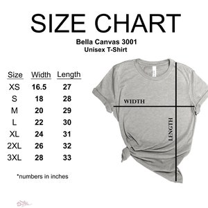 May include: Size chart for a Bella Canvas 3001 unisex t-shirt. The chart shows the width and length measurements in inches for sizes XS to 3XL.