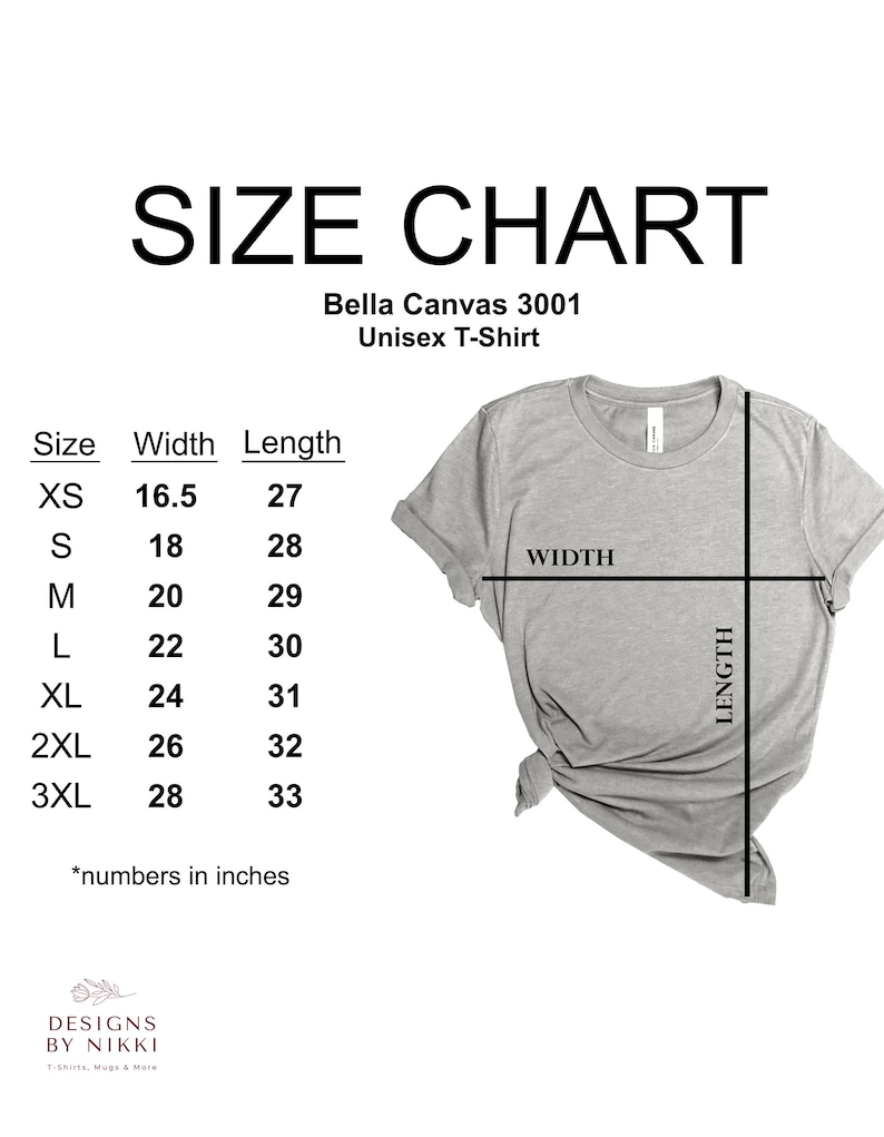 May include: Size chart for a Bella Canvas 3001 unisex t-shirt. The chart shows the width and length measurements in inches for sizes XS to 3XL.