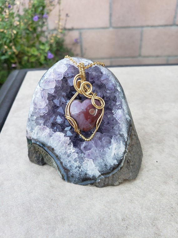 Swirly Ocean Jasper Pendant, Ocean Jasper Heart Necklace, Gold Gemstone Pendant, Mini Crystal Heart Pendant