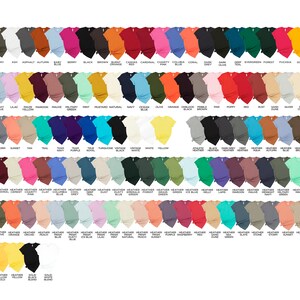 May include: A chart of 100 different colored t-shirts, each with a name printed below it. The t-shirts are arranged in rows and columns, with the names of the colors listed below each row.