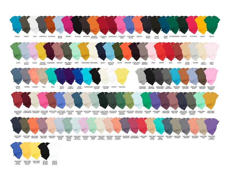 May include: A chart of 100 different colored t-shirts, each with a name printed below it. The t-shirts are arranged in rows and columns, with the names of the colors listed below each row.