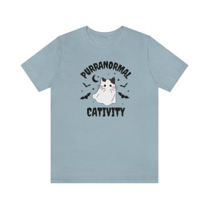 Purranormal Cativity Shirt, Cute Cat Halloween T Shirt, Halloween Cat Shirt, Funny Halloween Cat T Shirt, Spooky Cat Shirt Light Blue