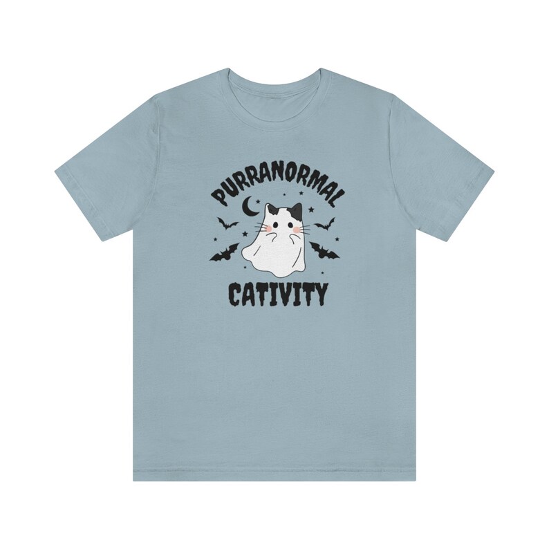 Purranormal Cativity Shirt, Cute Cat Halloween T Shirt, Halloween Cat Shirt, Funny Halloween Cat T Shirt, Spooky Cat Shirt Light Blue