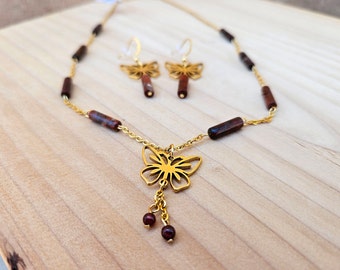 Crystal Butterfly Earring Set, Gold Jasper Necklace, Beaded Chain Necklace Set, Gift For Mom