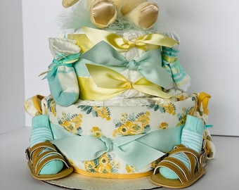 Yellow Girl Diaper Cake, Girl Diaper Cake, Baby shower gifts, Baby Shower Centerpiece, Baby Gifts, Yellow Diaper Cake