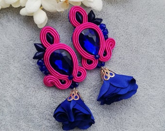 Small boho cobalt earrings with flowers, Soutache earrings for Daughter