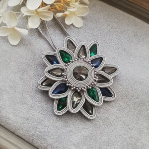 Rosette grey soutache pendant, Handcrafted Necklace with crystals, Elegant gift for Mother