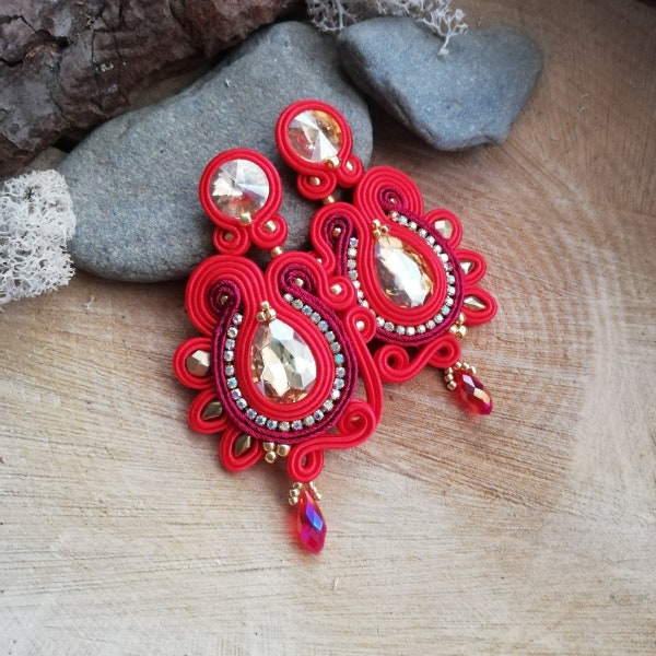 red soutache jewelry, brillant long handmade earrings, Gifr for Her, Black dress accessories, Birthday gift for Wife