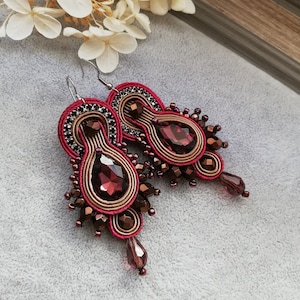 Dark red soutache earrings with crystals, Dangle brillant earrings for Her
