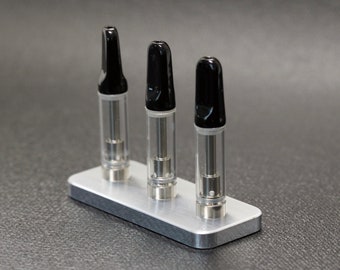 Atomizer Stand, Atty Cart Stand, Vape Cartridge Holder. Alum, 510 Threaded, Compact & Stable. Screw In To Secure. Holds 3 Carts or 2 Tanks