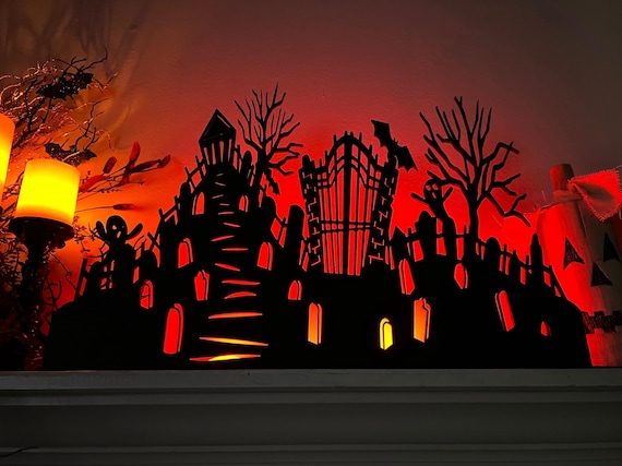Spooky Graveyard Wooden Silhouette, Halloween Mantel Decor