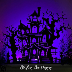 May include: A black silhouette of a haunted house with a spooky tree on either side. The house has multiple windows and a front porch. The background is a purple gradient.