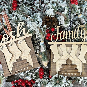 Personalized fireplace stocking ornaments, Christmas ornaments. Ornaments can be  personalized with up to nine stocking.