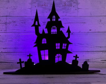 Wooden Halloween Haunted House Silhouette, Spooky Tabletop Decor