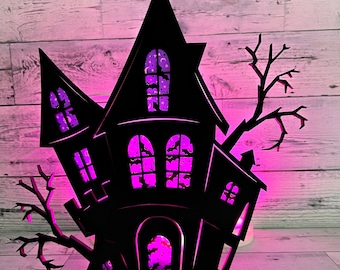 Wooden Halloween Haunted House Decor, Tiered Tray Mantel Centerpiece