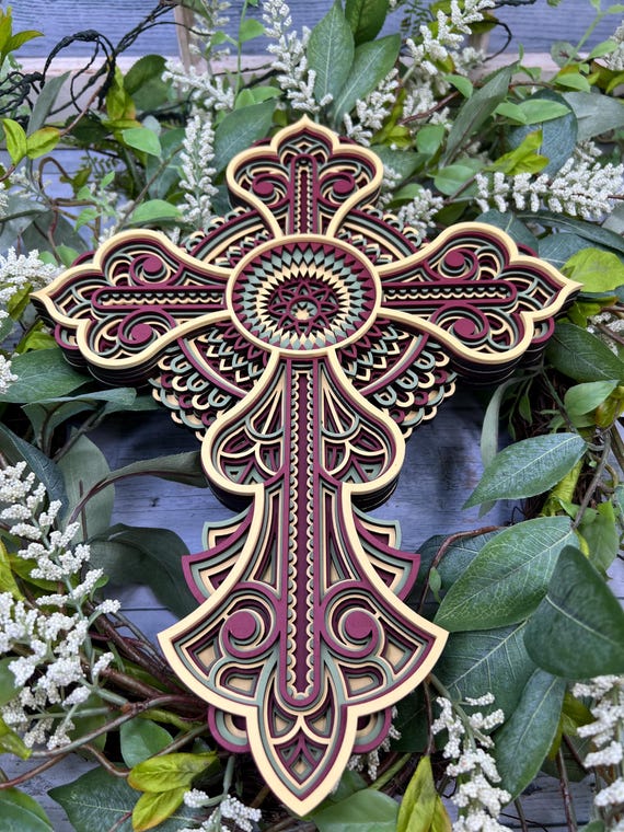 Wooden 7-layer Mandala Cross - Handcrafted Spiritual Wall Art