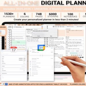 All In One Digital Planner 2025, 2026 Digital Planner, Digital Journal, Digital Goodnotes Template, Weekly, Daily Planner, Notability