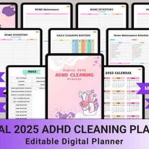 ADHD デジタル掃除プランナー - 掃除チェックリスト、掃除スケジュール、掃除カード、家族の雑用表、整理整頓チャレンジ、Canva で編集可能