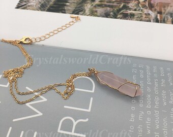 Natural Rose Quartz Necklace With Tassel Rose Quartz Pendant SilverGold Plated Tassel Necklace
