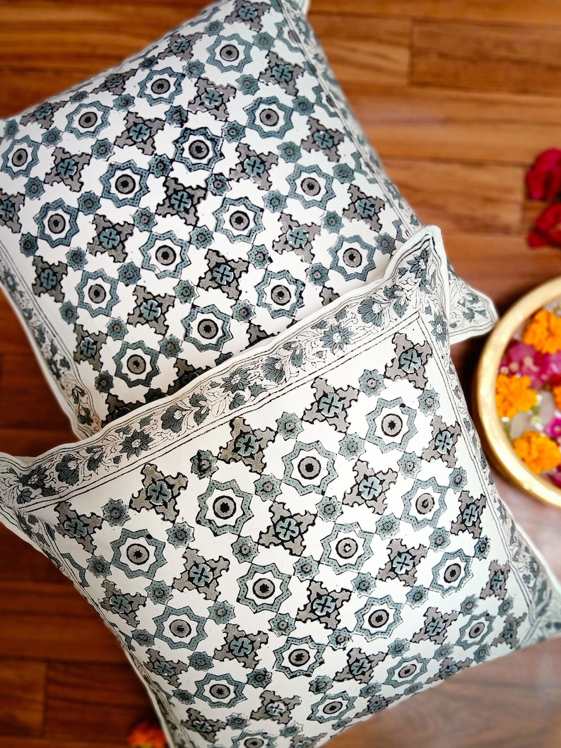 Decorative Cushions Indian Block Print Cotton Cushion Covers Christmas Gift, Housewarming gift Floral Pillow Vintage Style Set of 2