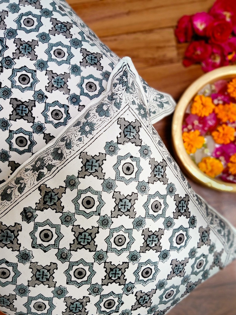 Decorative Cushions Indian Block Print Cotton Cushion Covers Christmas Gift, Housewarming gift Floral Pillow Vintage Style Set of 2