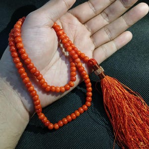 May include: Orange beaded necklace with a tassel. The necklace is made of small, round beads and has a long, orange tassel at the end. The beads are a vibrant orange color.